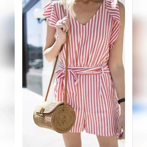 Ann Taylor LOFT Striped Flutter Tie Waist Red White Romper - Picture 3 of 9